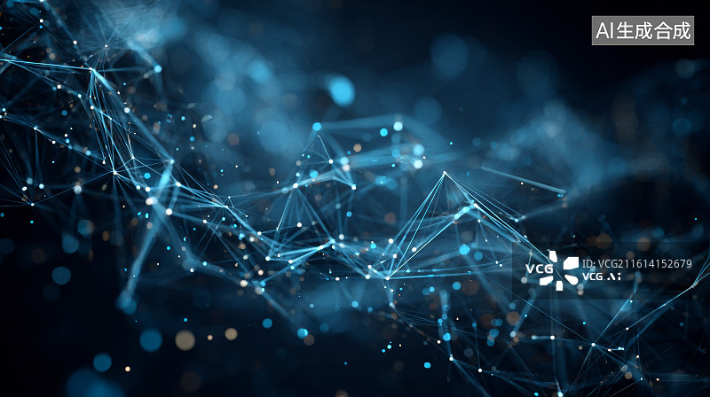 【AI数字艺术】深蓝色背景下由点线连接构成的抽象网络结构图片素材