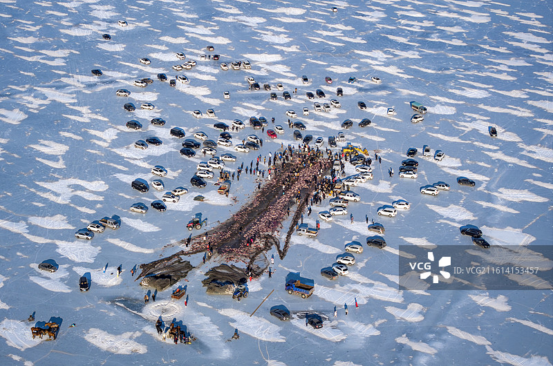 查干湖冬捕，东北冬天特色民俗项目，冬天在冰面捕鱼，查干湖的冰面图片素材