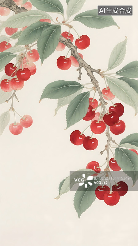 【AI数字艺术】AIGC：国风水彩画树上成熟的红樱桃，立夏节气背景壁纸图片素材