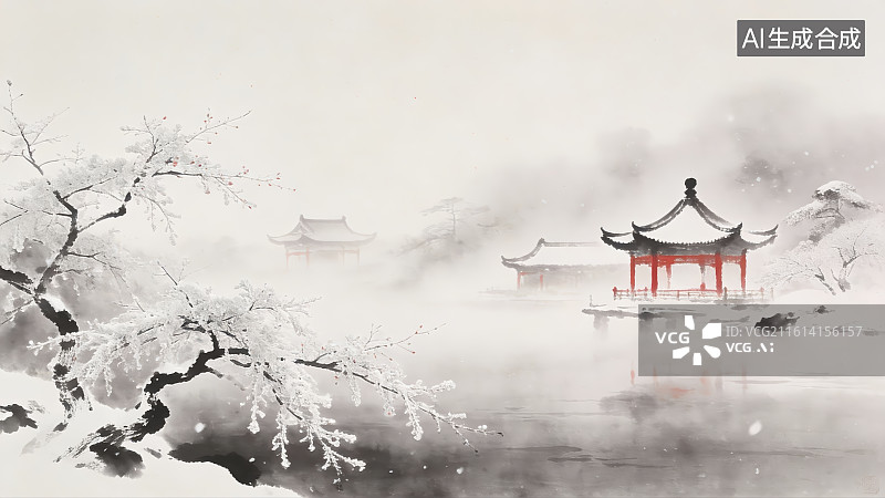 【AI数字艺术】雪中亭台与梅枝图片素材
