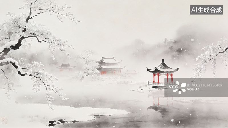 【AI数字艺术】雪景中的古典亭台图片素材