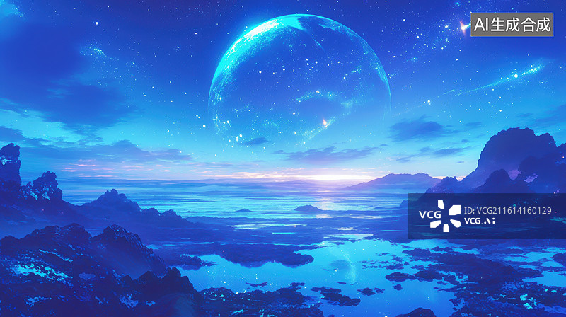 【AI数字艺术】星夜下的蓝色星球景观图片素材