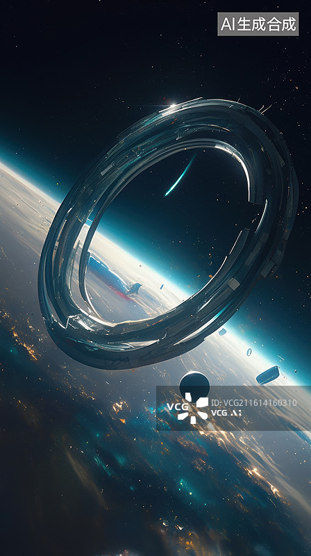 【AI数字艺术】太空环形结构环绕地球图片素材