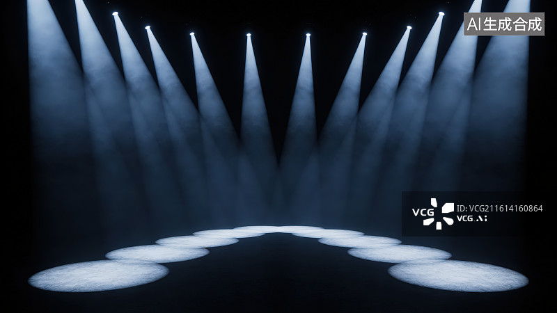 【AI数字艺术】黑色背景下白色发光舞台聚光灯光束图片素材