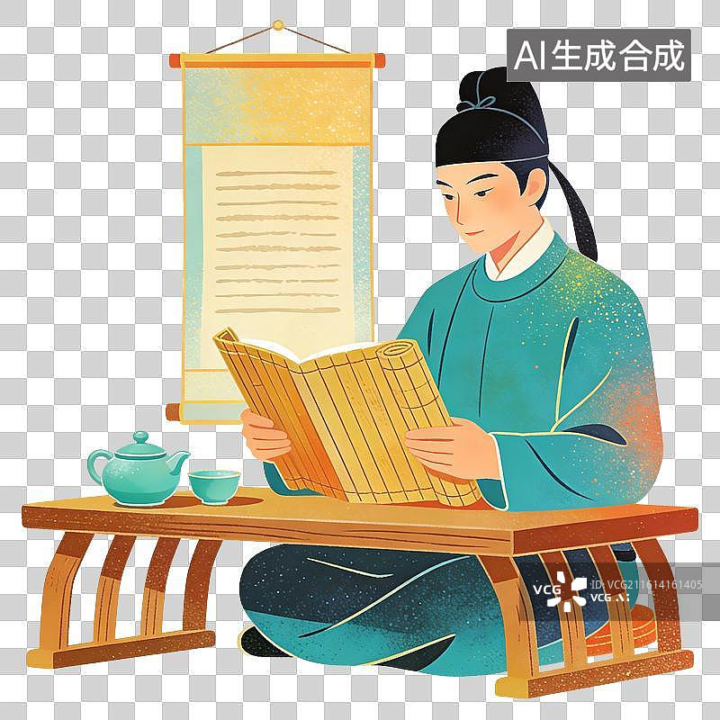 【AI数字艺术】古人看书插画图片素材