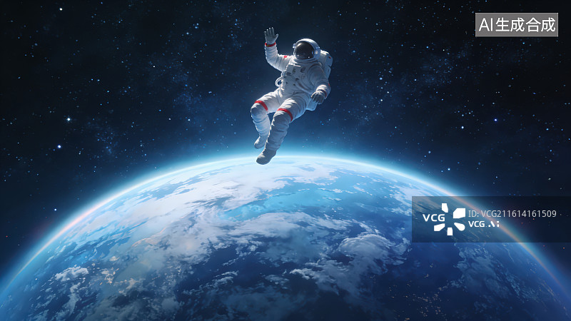 【AI数字艺术】宇宙太空中一位宇航员漂浮蓝色星球地球旁做打招呼动作，宇宙星空航天探索科幻场景插画背景图片素材