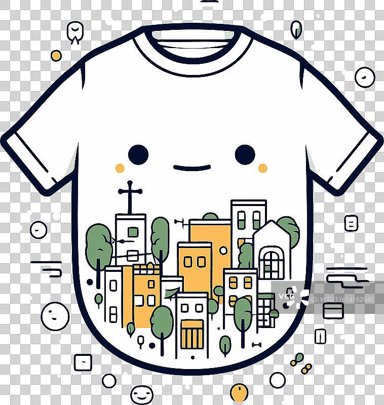 一件带有可爱卡通城市的T恤图片素材