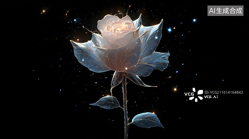 【AI数字艺术】星空背景透明水晶玫瑰科幻梦幻场景图片素材