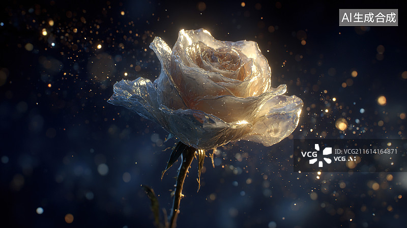 【AI数字艺术】星空背景透明水晶玫瑰科幻梦幻场景图片素材