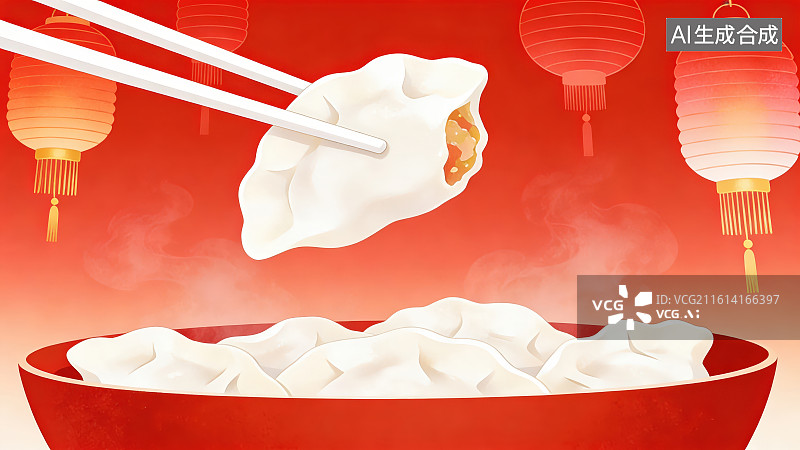 【AI数字艺术】红色渐变背景下悬挂着红色灯笼面前是一碗饺子用筷子夹起饺子，春节除夕冬至元宵节吃饺子海报插画背景图片素材