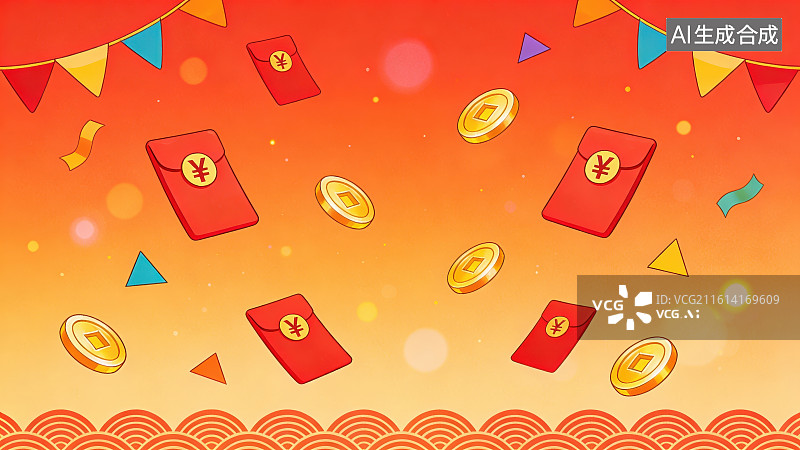 【AI数字艺术】红色渐变背景下悬挂着彩旗底部有祥云纹样图案中间有悬浮着带有人民币符号的红包金币和飘着彩带图片素材