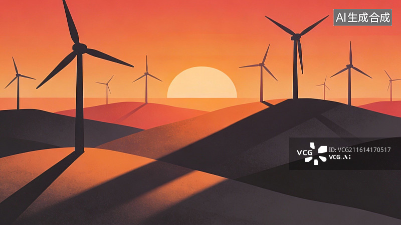 【AI数字艺术】风力发电机日落剪影图片素材
