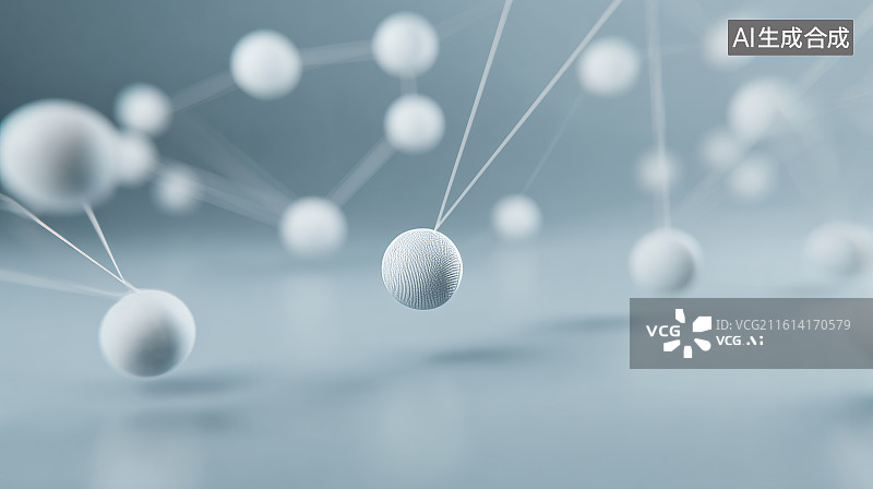 【AI数字艺术】浅蓝灰色背景下连接的白色球体分子结构抽象3D渲染图片素材