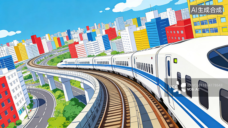 【AI数字艺术】现代交通基建发展城市通勤科技卡通城市高铁动车插画背景图片素材