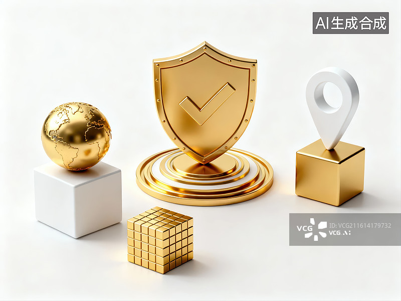【AI数字艺术】金色奖杯与几何造型摆件图片素材