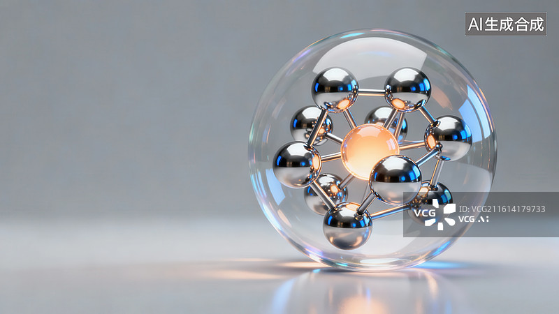 【AI数字艺术】透明球内金属分子结构图片素材