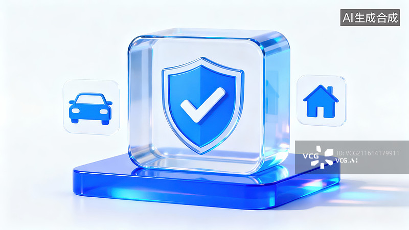 【AI数字艺术】透明立方体中的防护盾标志图片素材