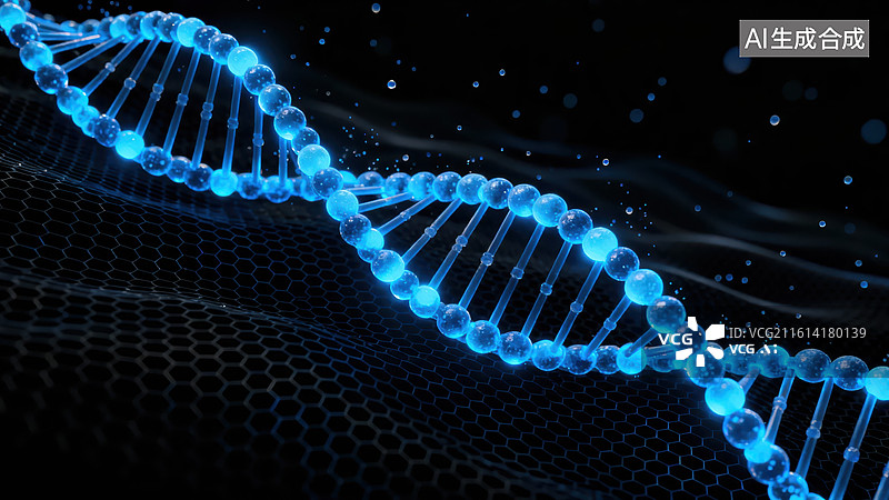 【AI数字艺术】蓝色发光的DNA双螺旋结构图片素材