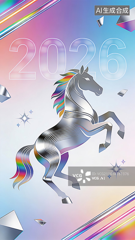【AI数字艺术】2026马年幻彩金属奔马创意海报图片素材