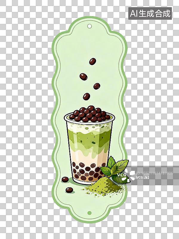 【AI数字艺术】平面矢量图抹茶红豆奶茶杯薄荷叶矢量元素插画图片素材