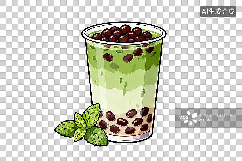 【AI数字艺术】平面矢量图抹茶红豆奶茶杯薄荷叶矢量元素插画图片素材
