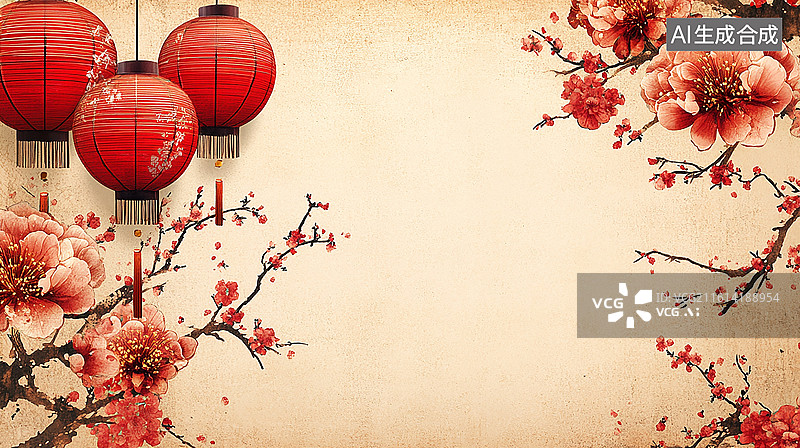 【AI数字艺术】中式红色灯笼花卉边框背景图片素材