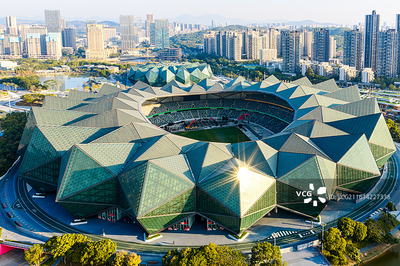 深圳龙岗大运中心体育馆晨光航拍图片素材