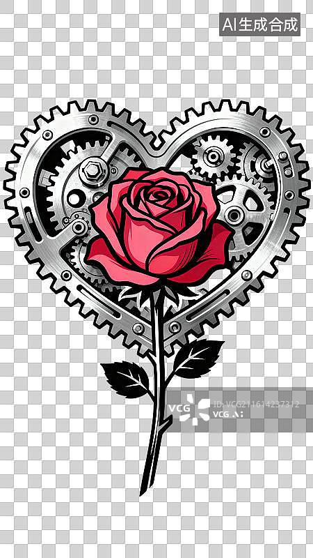 【AI数字艺术】齿轮中心是一朵绽放的玫瑰 3月妇女节创意插画图片素材