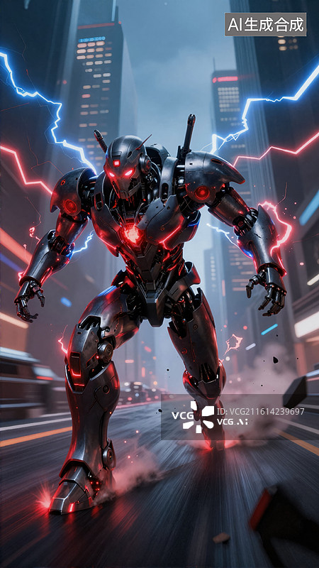 【AI数字艺术】未来机甲战士在都市中疾驰图片素材