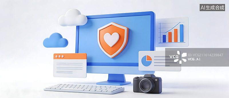 【AI数字艺术】电脑屏幕上的安全图标与数据图表图片素材