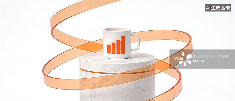 【AI数字艺术】白色杯子与橙色丝带环绕展示图片素材