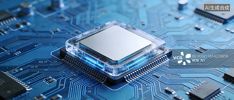 【AI数字艺术】蓝色电路板上的芯片特写图片素材