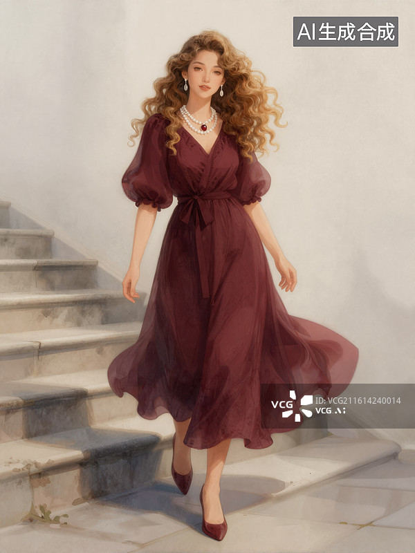 【AI数字艺术】红裙女子在楼梯间优雅行走图片素材