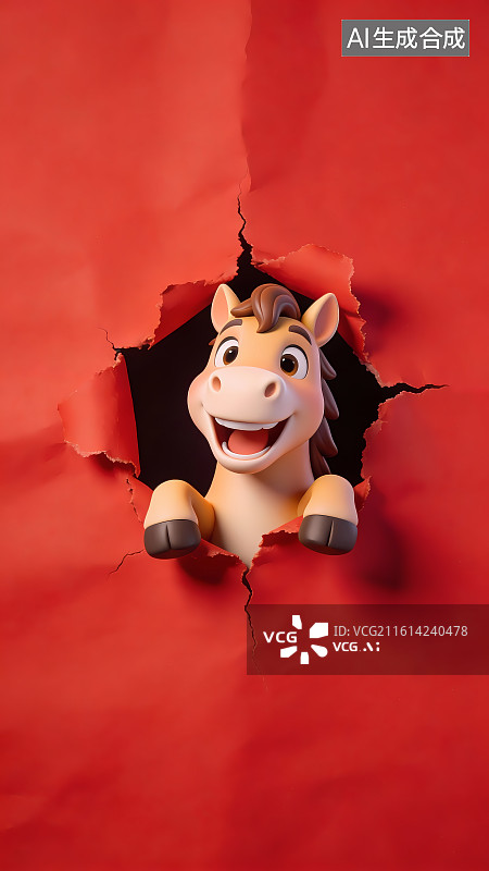 【AI数字艺术】从红色纸探出头的卡通马3D插画图片素材