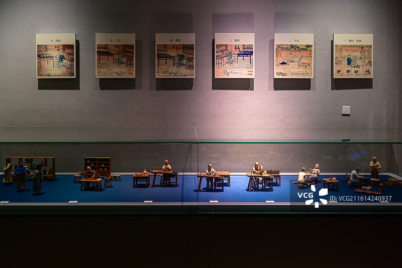 南京博物院：清代陈奄制玉流程图横披（含捣沙研浆、开玉、磨砣等工序）+制玉场景微缩模型图片素材