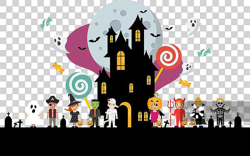 穿着万圣节服装的孩子们和鬼屋图片素材