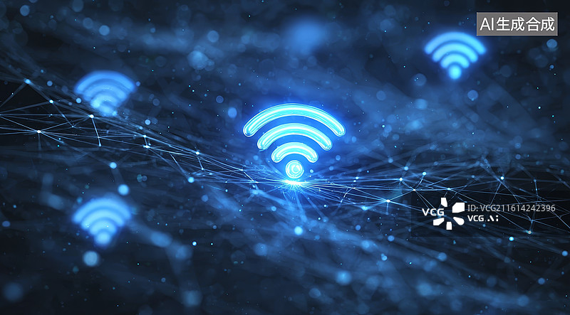 【AI数字艺术】蓝色网络连接图标在科技背景中闪烁图片素材