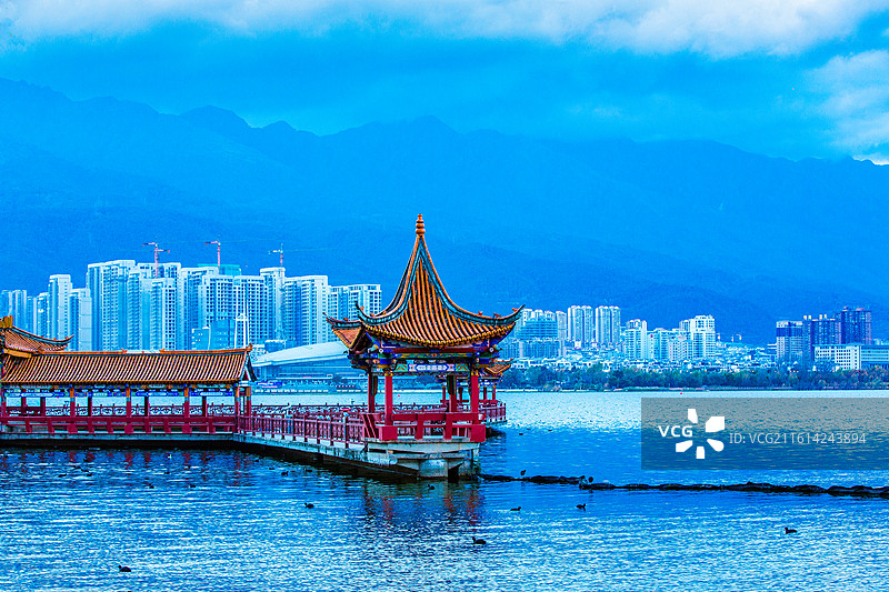 中国云南省大理市洱海公园海心亭湖畔的自然景观图片素材