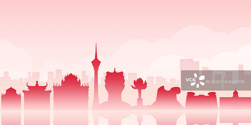 澳门红色剪影扁平城市建筑插画图片素材