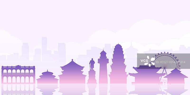 中山紫色剪影扁平城市建筑插画图片素材