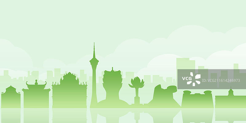 澳门绿色剪影扁平城市建筑插画图片素材