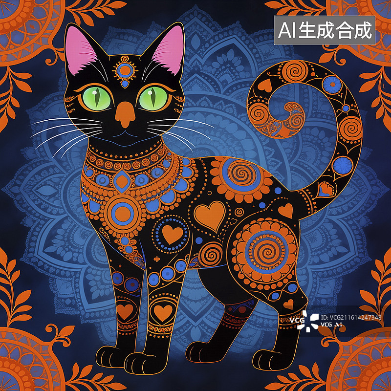 【AI数字艺术】彩绘黑猫图案图片素材