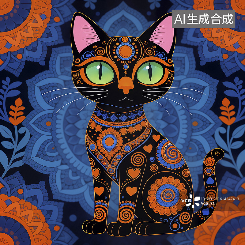 【AI数字艺术】彩绘黑猫图案图片素材