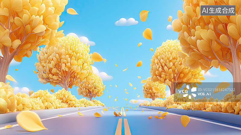 【AI数字艺术】秋日金黄道路两旁树木图片素材