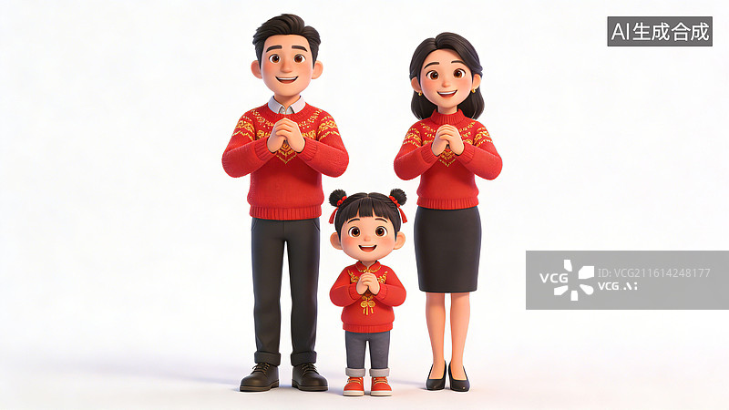 【AI数字艺术】一家三口，父母微笑作揖，女孩可爱微笑，均穿红色毛衣，父亲穿黑裤，母亲穿黑裙，女孩穿红鞋图片素材