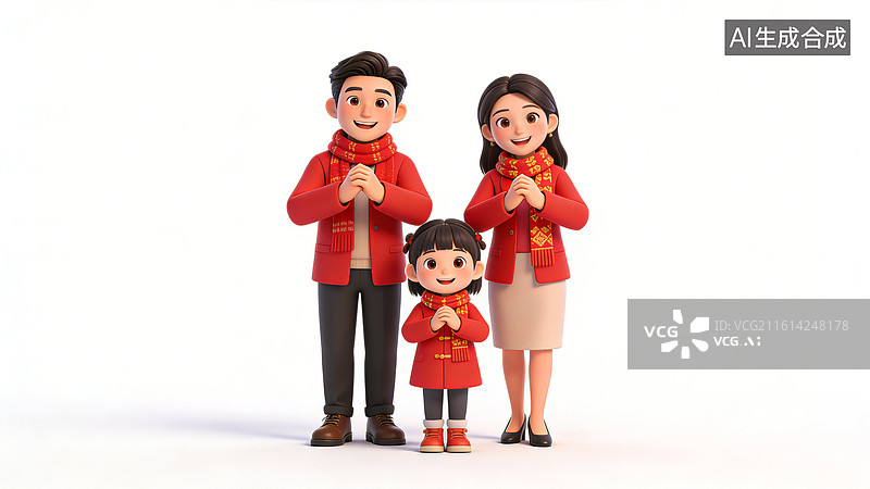 【AI数字艺术】一家三口，父母和小孩，面带微笑，作揖拜年，穿着红色外套和围巾，小孩穿红色连衣裙，整体喜庆图片素材