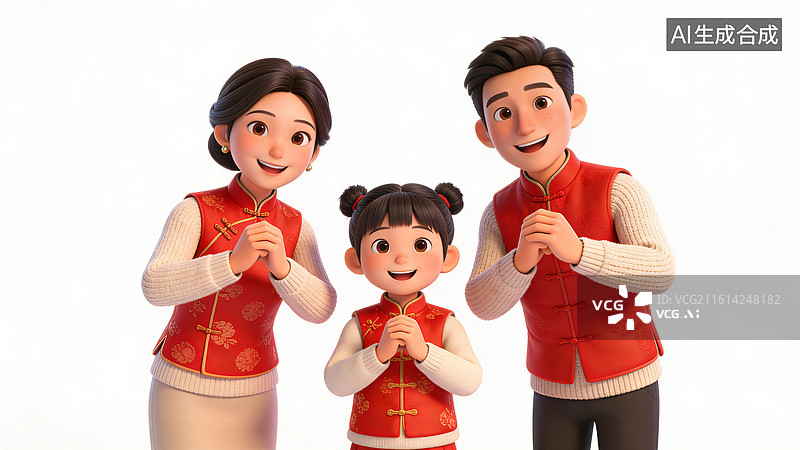 【AI数字艺术】一家三口，父母和一个小女孩，穿着红色传统服饰，作揖拜年，面带微笑，背景为白色图片素材