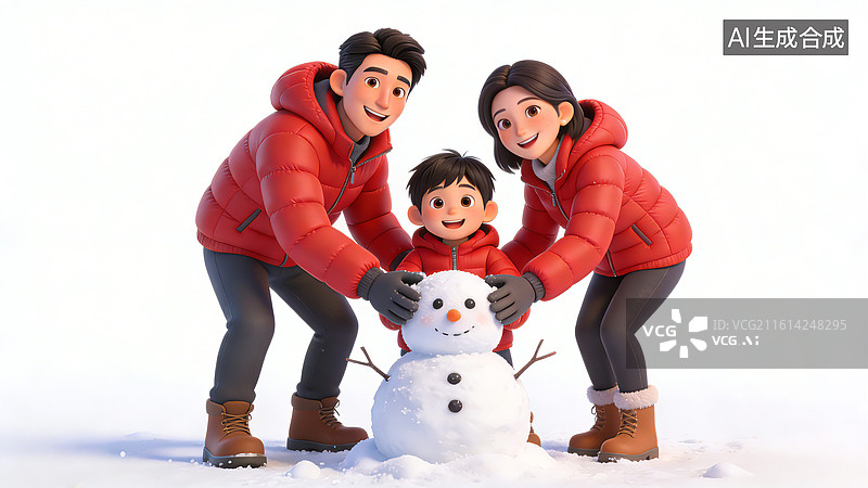 【AI数字艺术】一家三口，父母和孩子，穿着红色外套和棕色靴子，面带微笑，蹲下装饰雪人，享受冬日乐趣图片素材