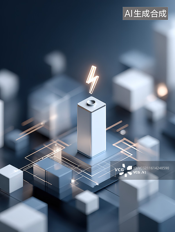 【AI数字艺术】电路板上发光的电池图标电力与储能概念科技风插画图片素材