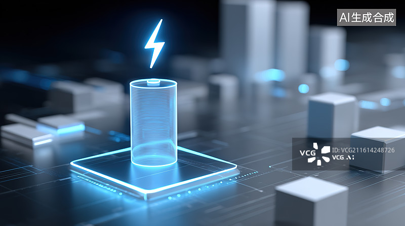 【AI数字艺术】电路板上发光的电池图标——电池与储能概念科技风插画图片素材